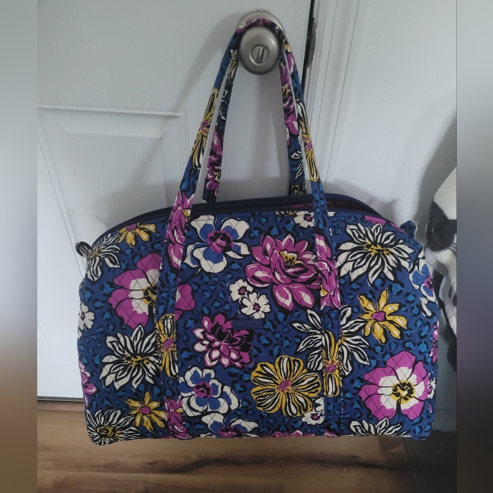 Vera Bradley Blue Floral Quilted Travel Duffel with Pink & Yellow Accents